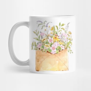 pink cherry blossom flowers in light brown envelop ink and watercolor Mug